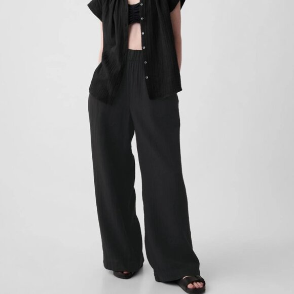GAP Pants - GAP Crinkle Gauze Wide Leg Pants Womens Large Tall Black Cotton Pull On